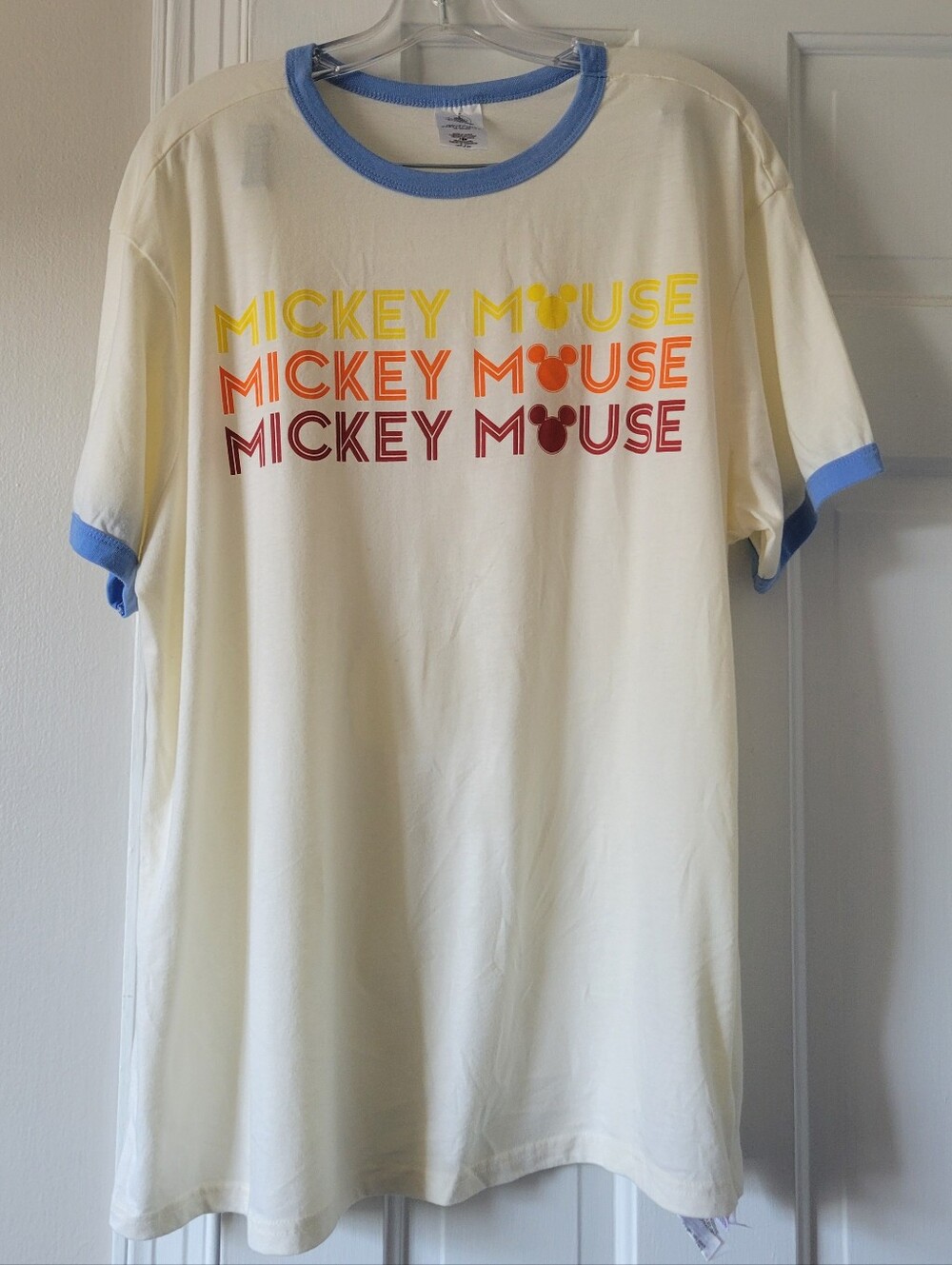 Disney Ringer Tee with Blue Trim and Rainbow Mickey Print - NWOT